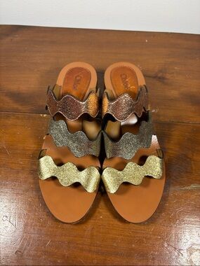 Chloé Metallic Wave Strap Leather Slide Heels Sandals Woman Size 37 earthy Tone
